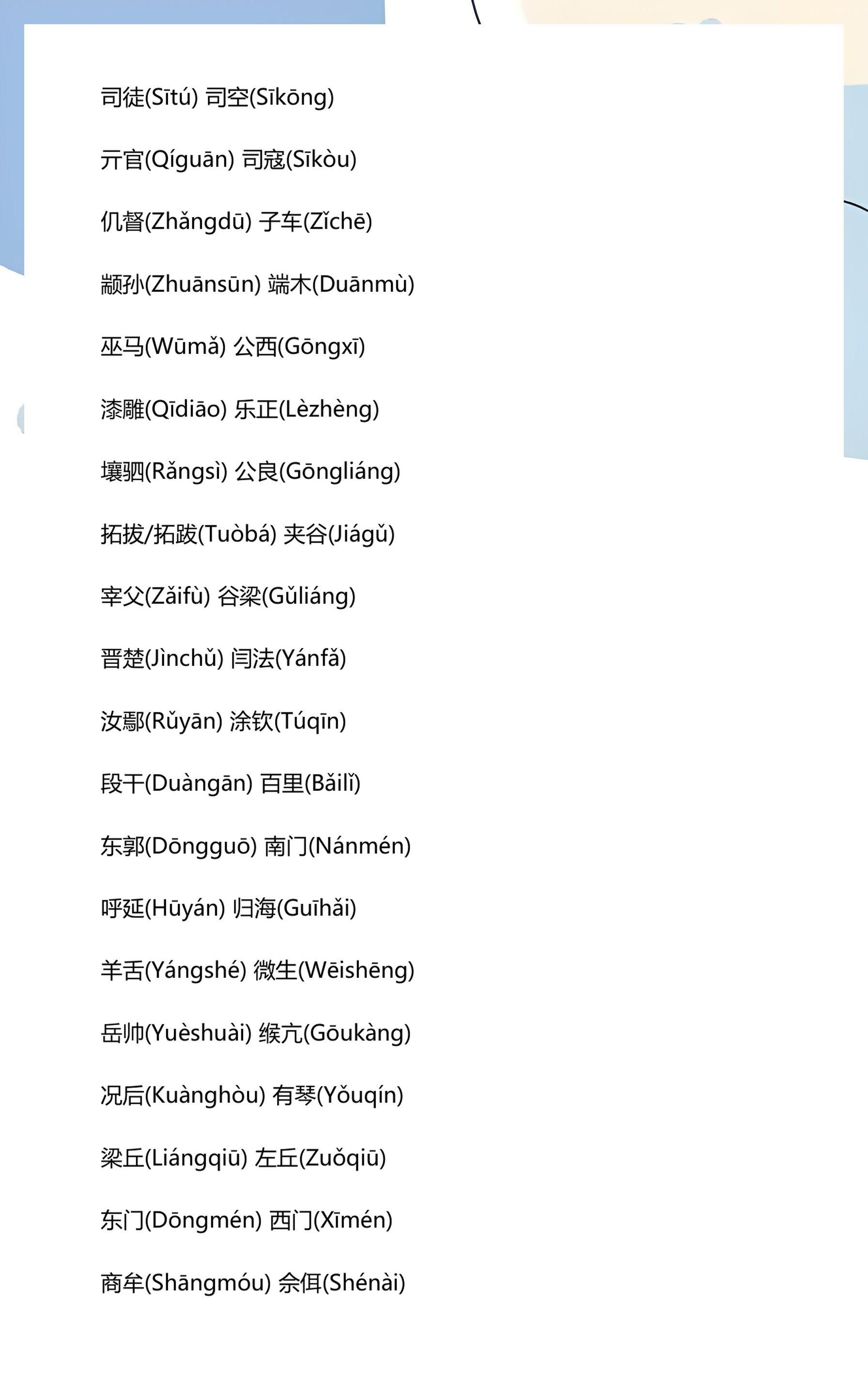 百家姓全部排名表拼音怎么读
