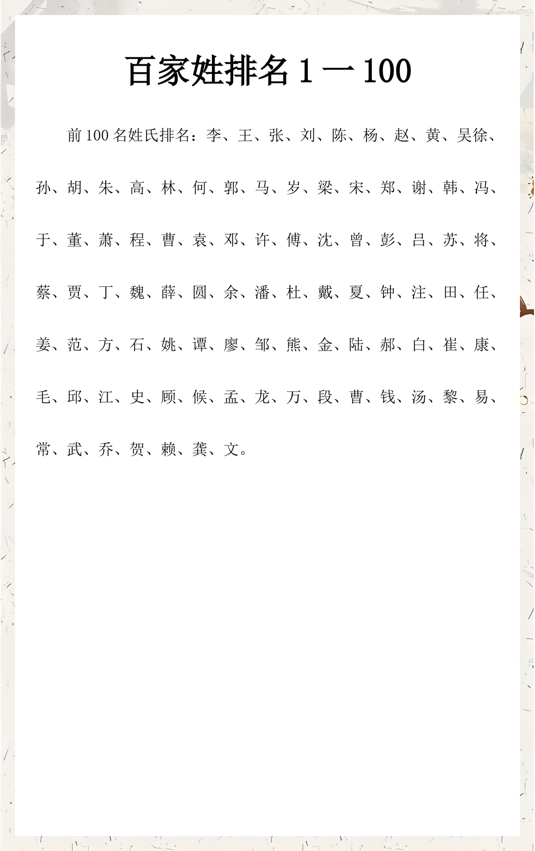 百家姓200名 百家姓200名
